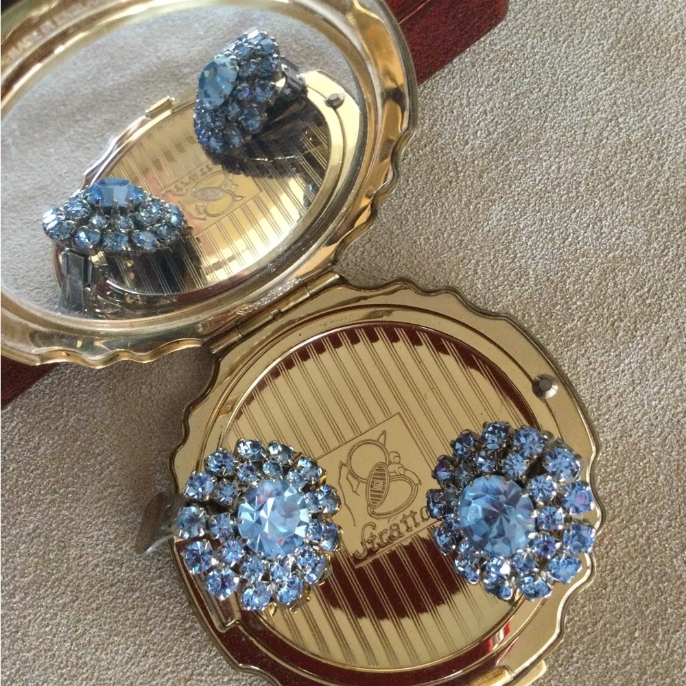 Vintage Light Blue “WEISS” Rhinestone Clip On Earrings.